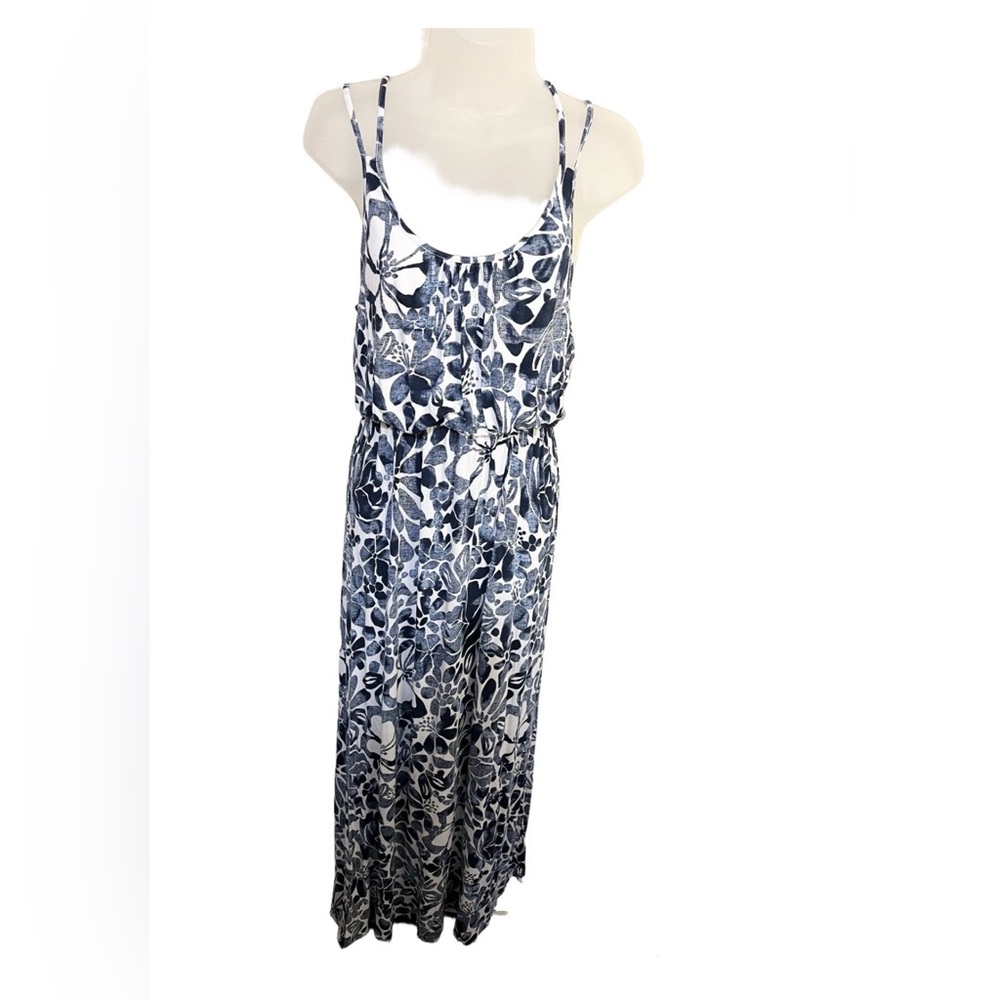 Loft Outlet Maxi Dress S Blouson Strappy Blue White Floral Coastal Resort Beach